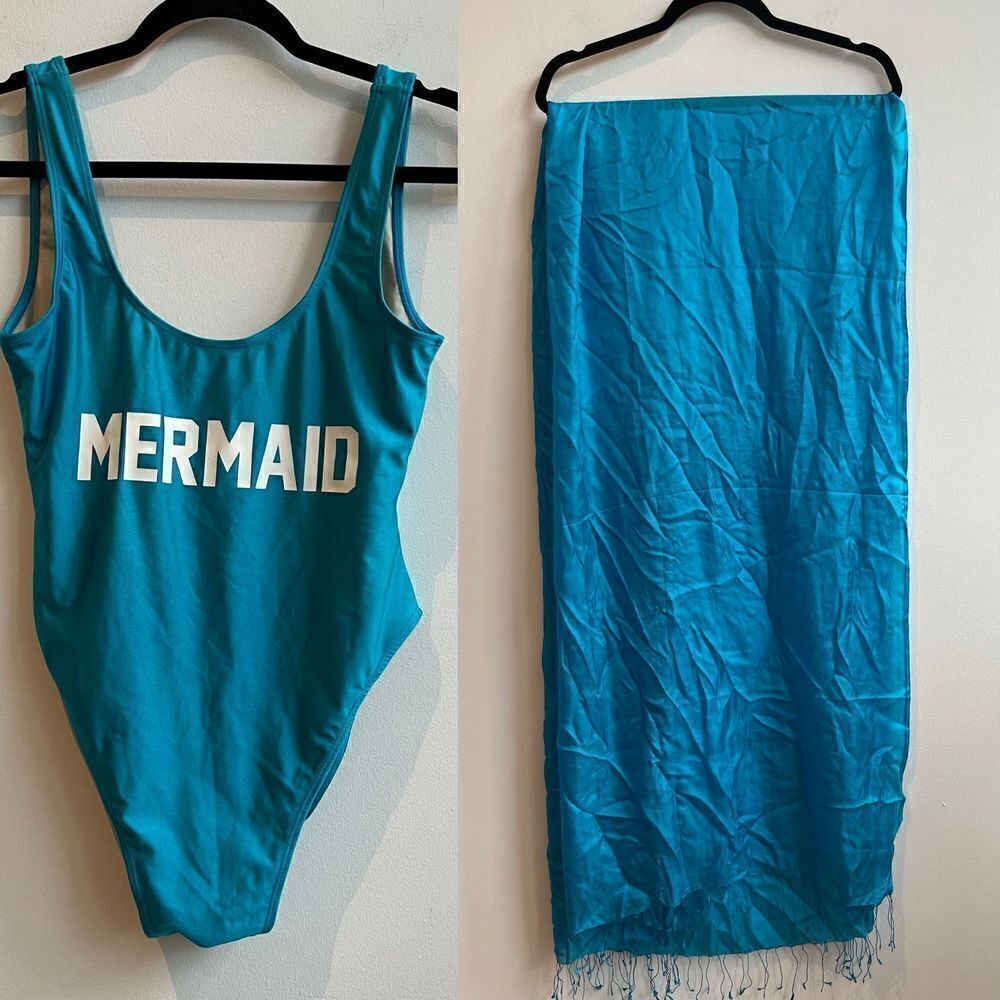 Private Party Teal ‘Mermaid’ One Piece Swimsuit w/ matching silk sarong - M/L